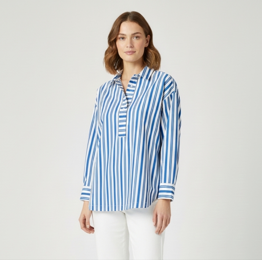 St. John Poplin Striped Tunic Cotton Blue White Coastal Preppy